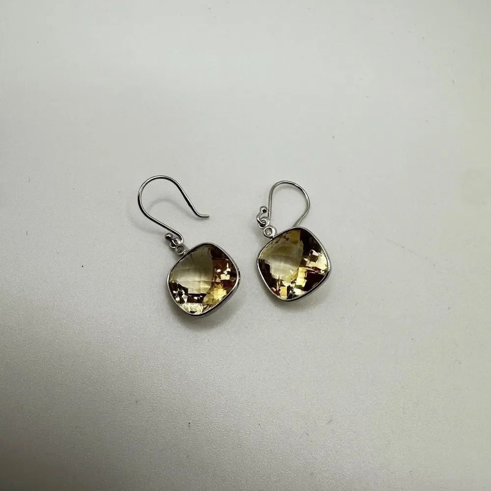 7.11cts faceted checkerboard cushion cut citrine on 925‎ dangle earrings!